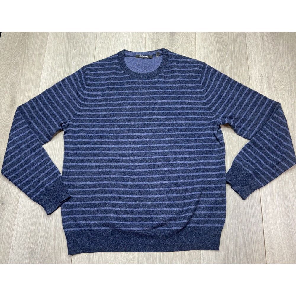 Saks 5th Ave Sweater Men Large Blue 100% Cashmere Stripe Superfine Crewneck Soft